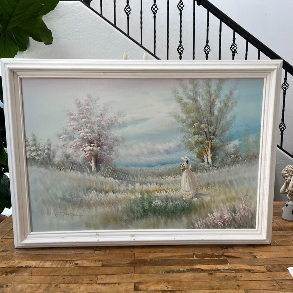 Framed Impressionist-Style Oil Painting 40" Woman in Long Dress Meadow Landscape